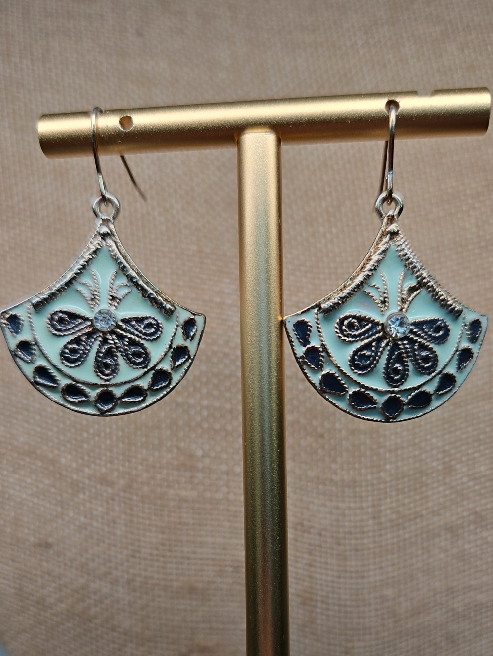 Mint Enamel Fan Dangle Earrings - Elegant Floral Design